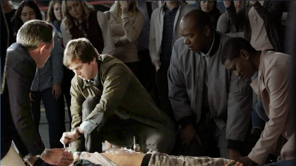 Airport Scene from The Good Doctor. Season 1. Episode 1. Dr. Shaun Murphy saving a child suffering from tension pneumothorax at the airport using a makeshift one-way valve.